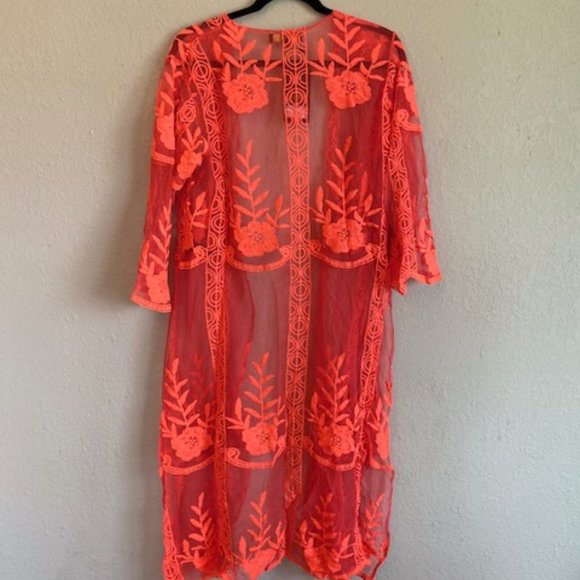 Coral Lace Duster with 3/4 Sleeves Kimono - Picture 2 of 7